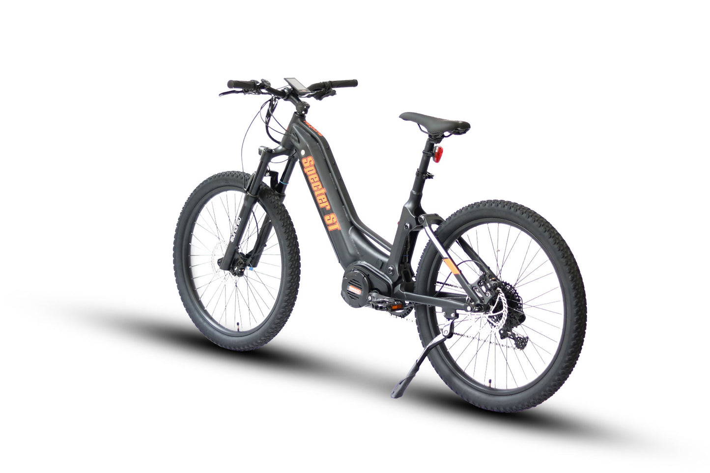 Rear angled profile of the Eunorau Specter ST dual suspension step through electric mountain bike in black colour with logo in orange. Fat tyre mid-drive bike against a white background.