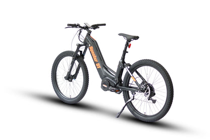 Rear angled profile of the Eunorau Specter ST dual suspension step through electric mountain bike in black colour with logo in orange. Fat tyre mid-drive bike against a white background.