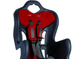 Bellelli B One Clamp rear child seat in grey and red against a white background. Close up showing the child seat harness.