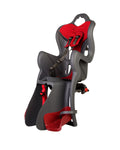 Bellelli B One Clamp rear child seat in grey and red against a white background. Angled profile of the bike seat showing the clamp adjustment dial that secures the seat to the rear of the bike.