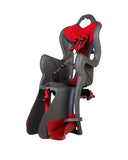 Bellelli B One Clamp rear child seat in grey and red against a white background. Angled profile of the bike seat showing the clamp adjustment dial that secures the seat to the rear of the bike.