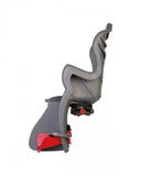 Bellelli B One Clamp rear child seat in grey and red against a white background. Side on profile of the seat showing the adjustment clamp.