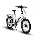 Front angled profile of the Eunorau Max Cargo Electric bike in white. Longtail cargo ebike with foldable handlebars and standard rear seat footrests. White background.