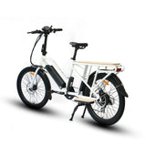 Rear angled profile of the Eunorau Max Cargo Electric bike in white. Longtail cargo ebike with foldable handlebars and standard rear seat footrests. White background.
